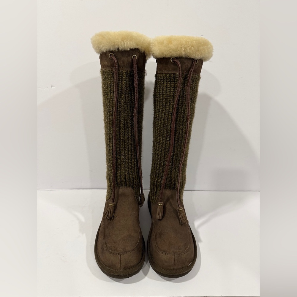 UGG Australia Tall Knit Shearling Boots Brown Leather Tassel Women’s 6
